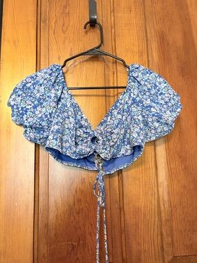 wild fable Blue Floral Puff-Sleeve Tie Crop Top